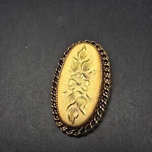 Catamore 12K Gold Filled Brooch Etched Floral Oval Flowers Vintage Jewelry